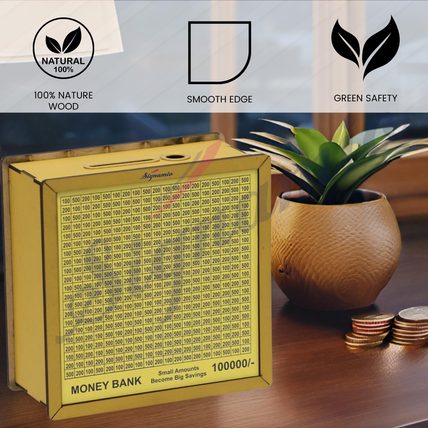 Signamio Money Saving Box for Adult 100000 - Wooden Piggy Bank 100000 with Marker Pen, Elegant Wooden Piggy Bank for Adults, Perfect Money Saving Solution and Financial Goal Achievement-DN1