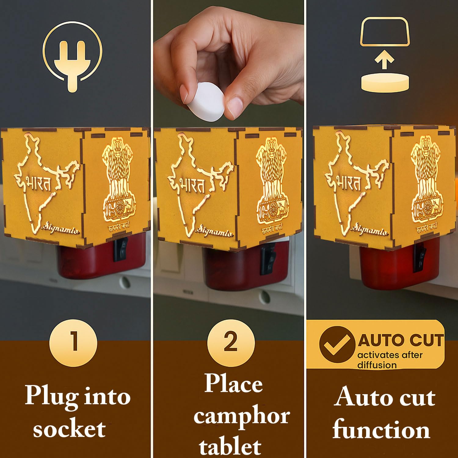 SIGNAMIO® Auto Cut Wooden Bharat Camphor Kapoor Bakhoor Oud Aroma Oil Diffuser Incense Dhoop Burner Electrical Stand Machine for Home Fragrance with Night Lamp