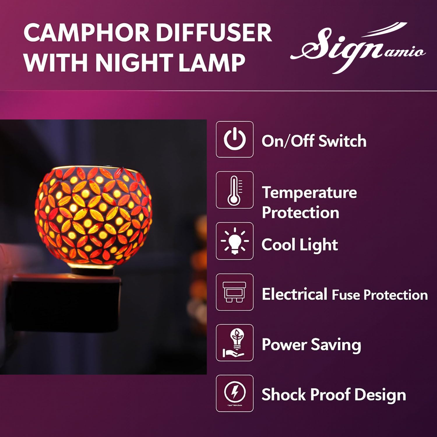SIGNAMIO Multi Color 2 in 1 Kapoor Dani Electric Camphor Diffuser Burner & Aroma Diffuser Home Fragrance with Night Lamp, Perfect for Pooja Rooms & Daily Room Freshener Needs - DN-12