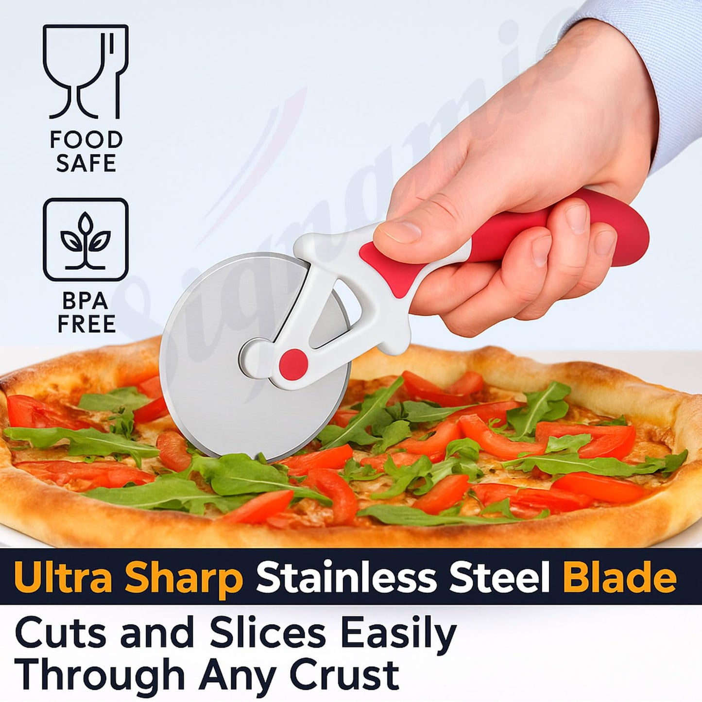 SIGNAMIO® Premium Pizza Cutter and Sandwich Slicer - Pink, Ergonomic Non-Slip Handle, Stainless Steel Pizza Wheel for Kitchen, Ideal Roti, Paratha, Chapati, Brownie & Slice Cutter