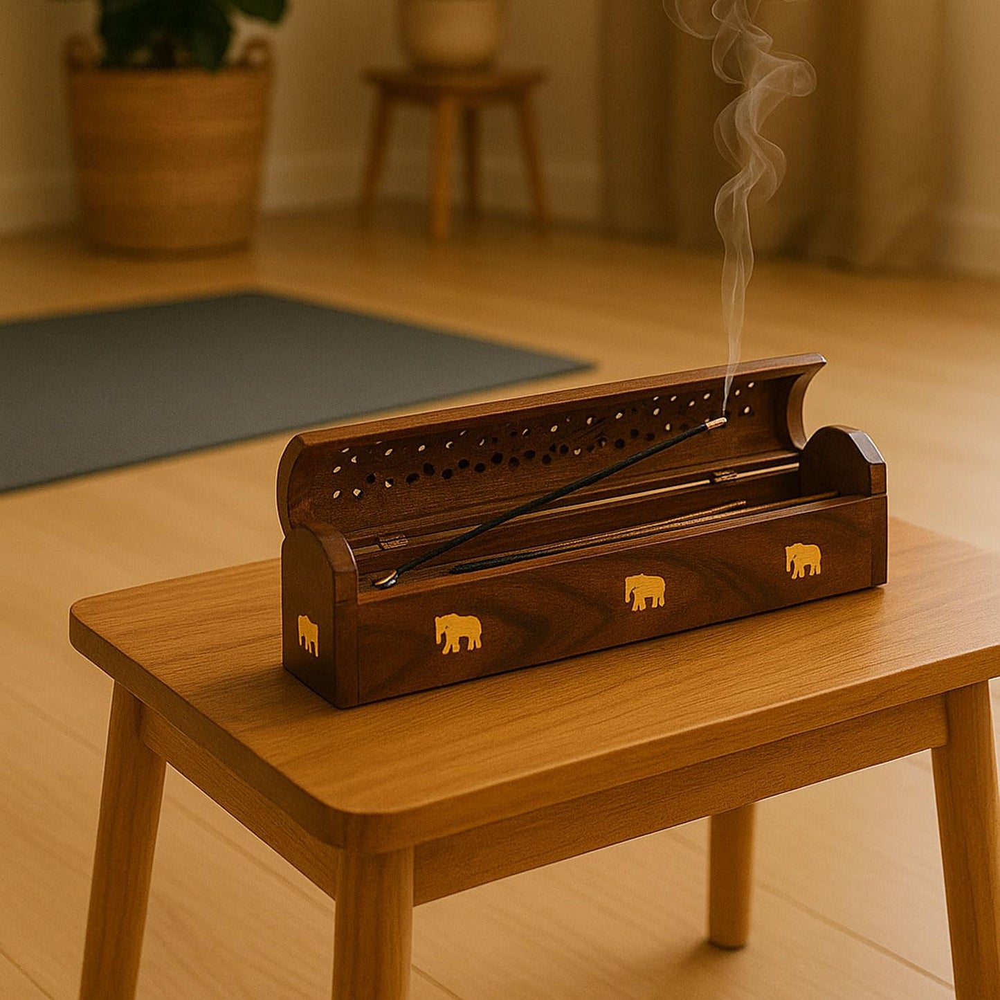 SIGNAMIO® 2pcs Wooden Horizontal Mini Agarbatti and Dhoop Holder Premium Incense Stick Stand with Ash Catcher for Pooja - Essential Puja Items for Home Mandir & Agarbatti Stand Holder with Storage Box