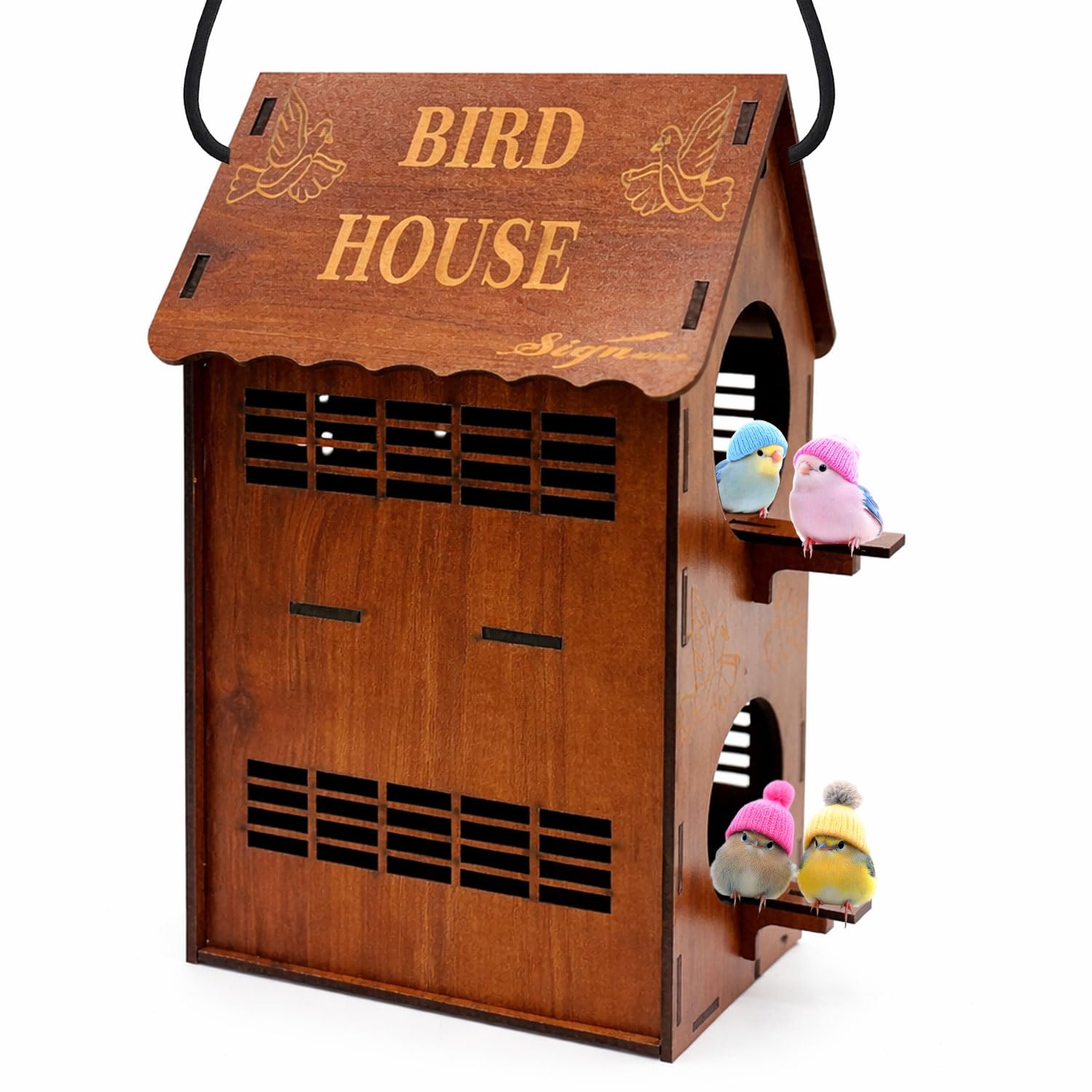 Signamio Upgraded Wooden Bird House with 4 Bird Space Option and Water Feeder - Large Bird Nest for Outdoor Use, Durable Birds Nest Home, Ideal for Birdwatching Enthusiasts