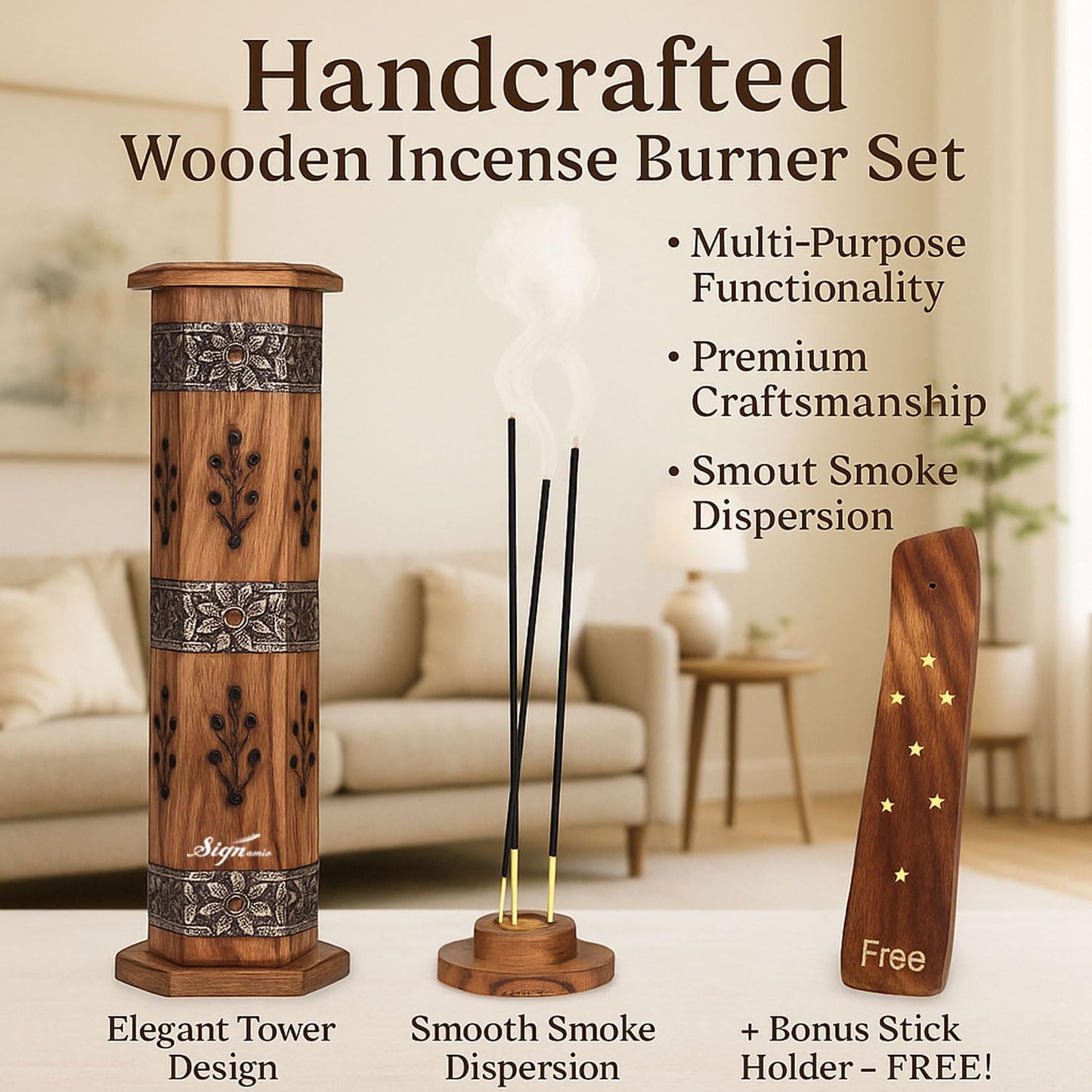 SIGNAMIO® 2pcs Tower Wooden Agarbatti Stand with Ash Catcher: Premium Incense Stick and Dhoop Holder Set for Pooja Room Decoration - Essential Puja Items for Home Mandir & Agarbatti Storage Box