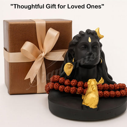SIGNAMIO® Lord Shiva Idol: Handcrafted Mahadev Murti with Nandi - Perfect Spiritual Car Dashboard Accessory and Gift Item, Featuring ShivJi Adiyogi Statue & Rudraksh Mala-Ideal God Idols for Car Decor