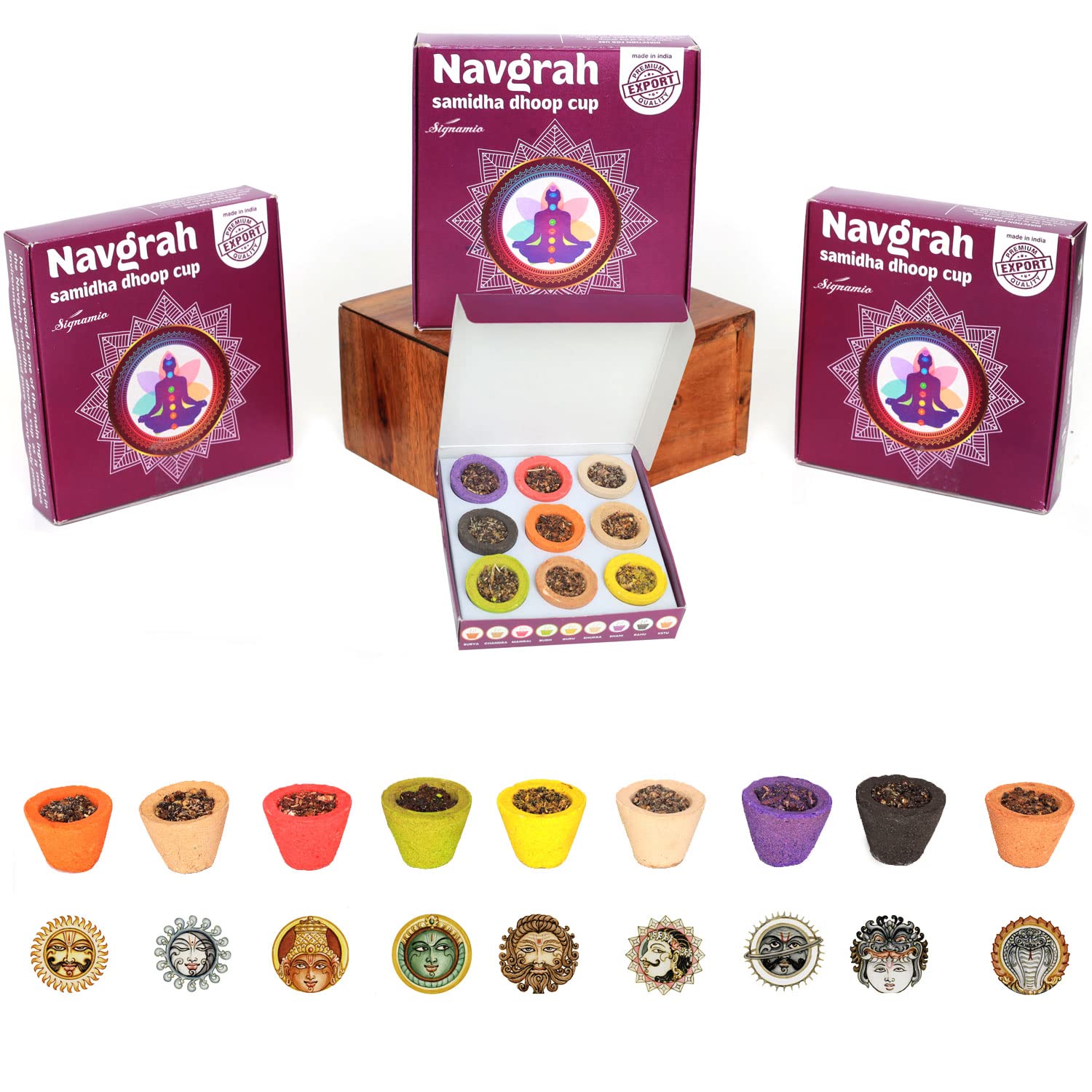 SIGNAMIO Wood Navgrah Sambrani Havan Dhoop Cup for Pooja With Divine Fragrance(Pack Of 3, 36 Cups)For Home & Office, Yoga, Puja, Prayer, Festival, Meditation & Spiritual Events