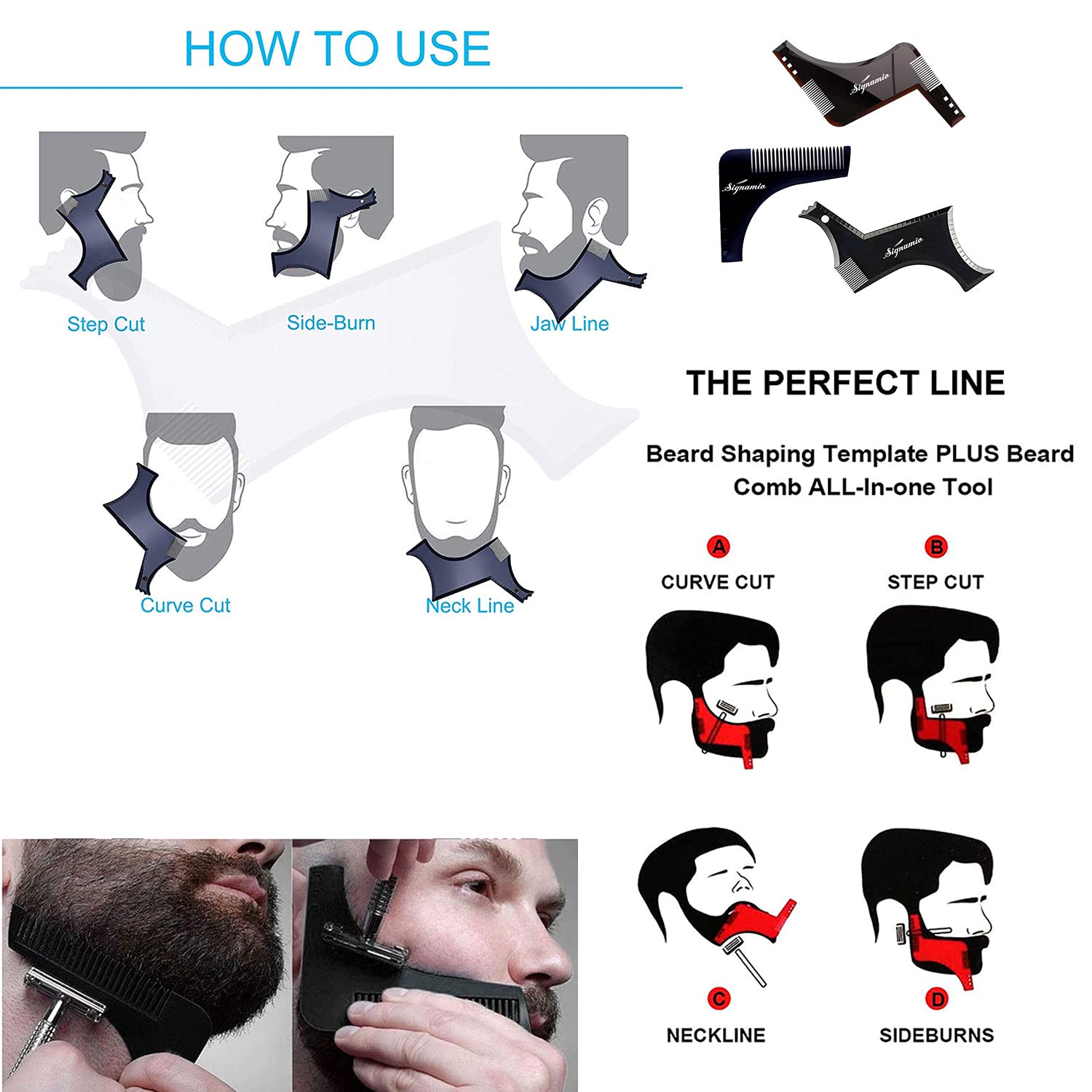 SIGNAMIO Set of 3 Multi Purpose Beard Shaper tool for Men | Beard Shaping Stencil Comb for men styling shave for neck line guide - Grooming kit - Black