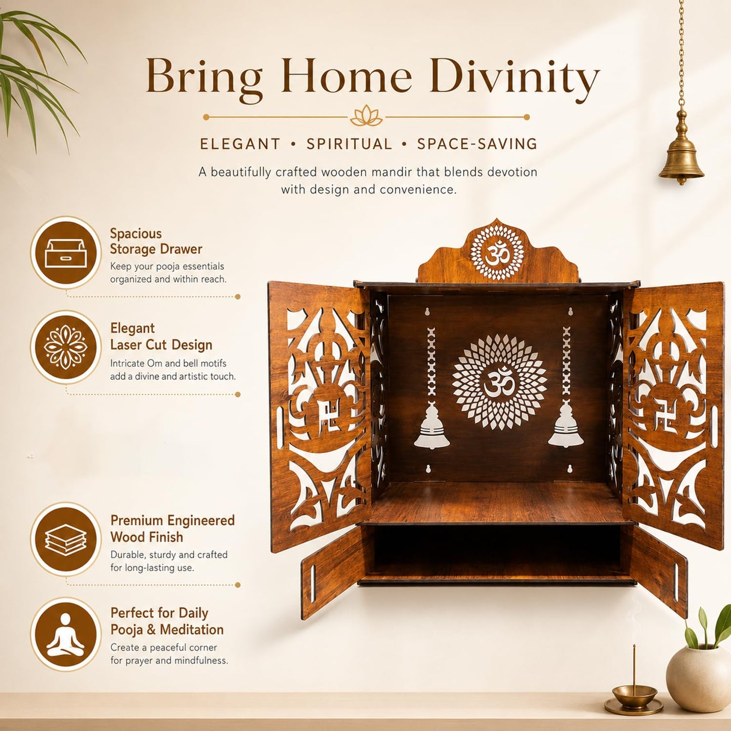 SIGNAMIO Mandir for Home with Door & LED Light | Wooden MDF Pooja Temple | Temple for Home with Door | Wall Mounted Hanging Home Temple with Storage Drawer