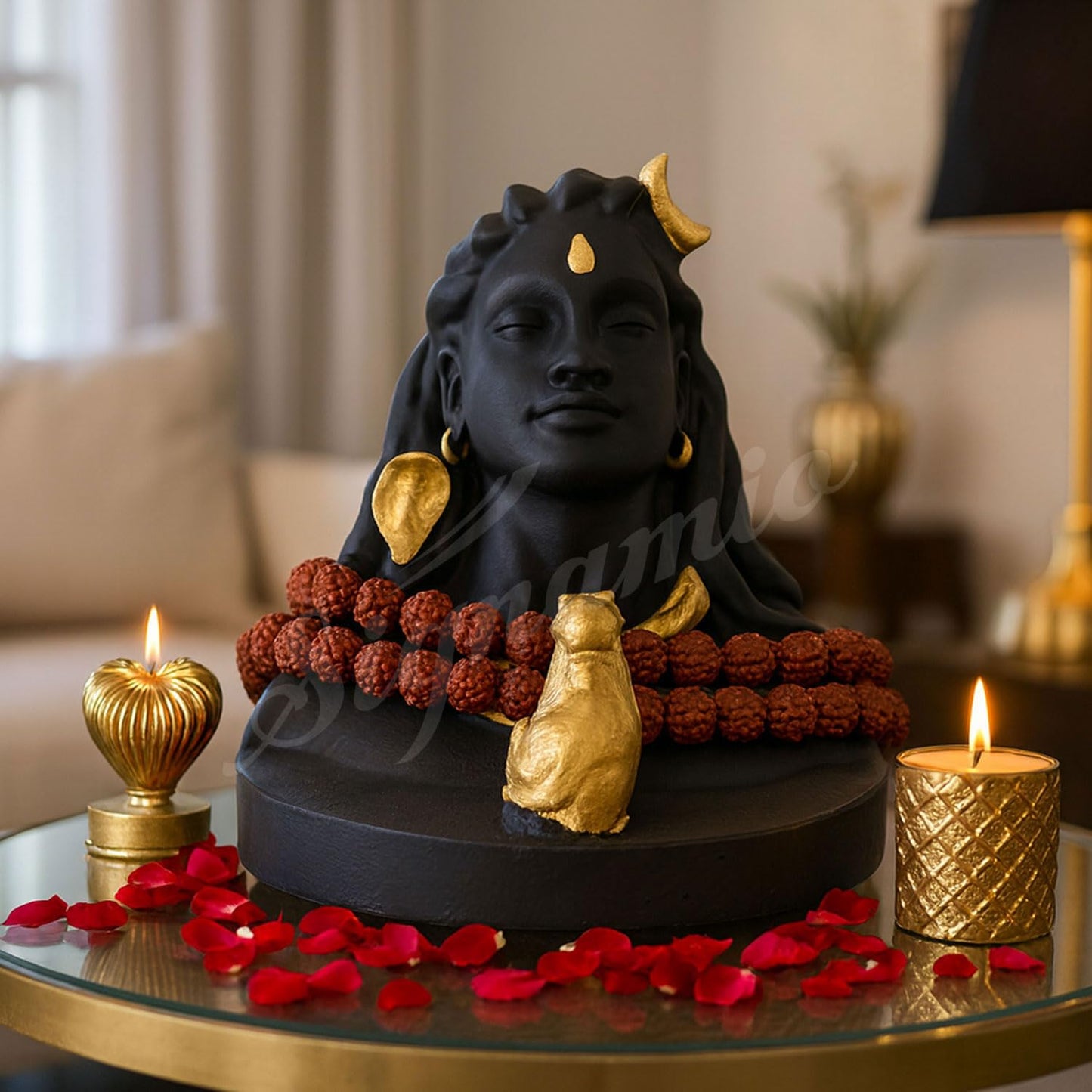 SIGNAMIO® Lord Shiva Idol: Handcrafted Mahadev Murti with Nandi - Perfect Spiritual Car Dashboard Accessory and Gift Item, Featuring ShivJi Adiyogi Statue & Rudraksh Mala-Ideal God Idols for Car Decor