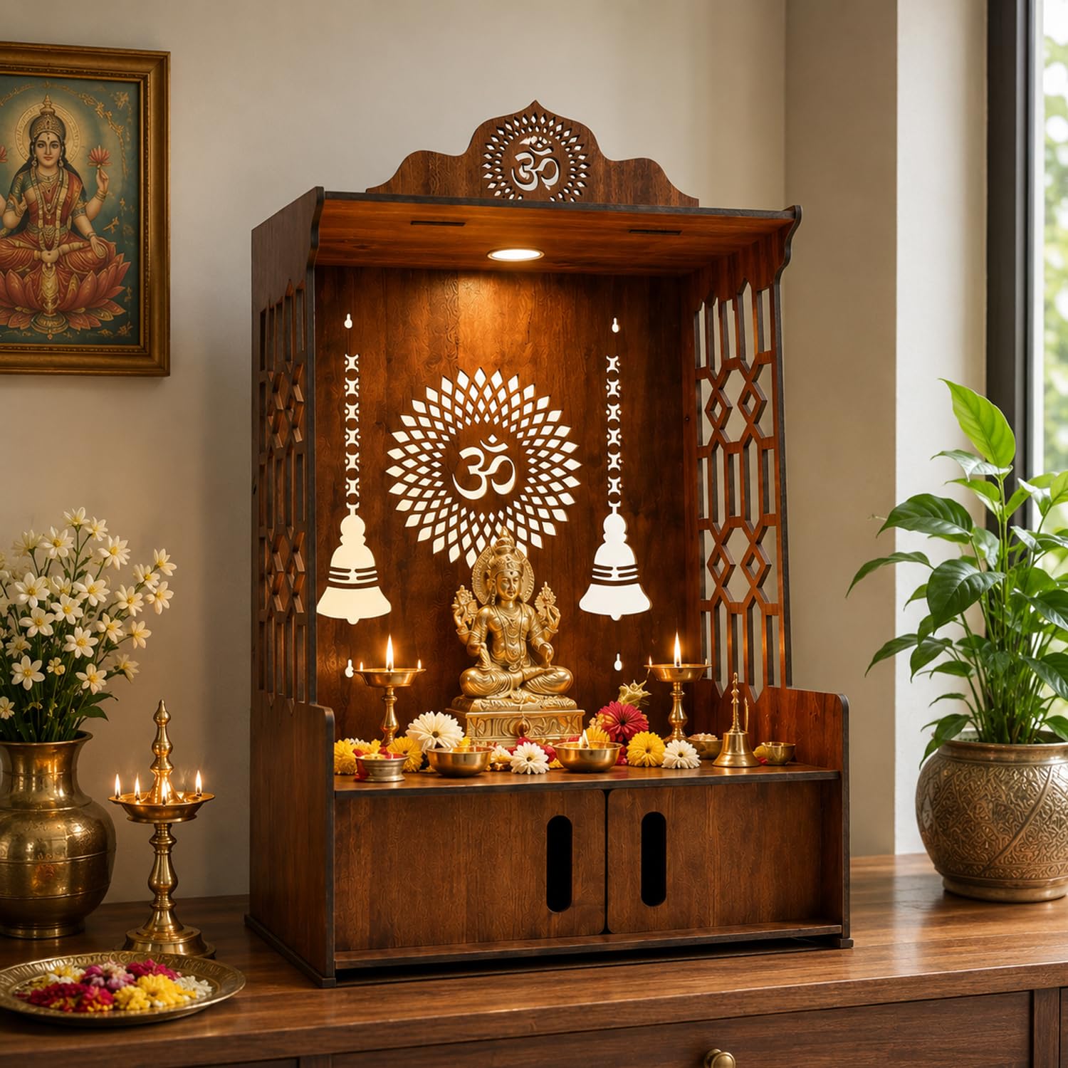 SIGNAMIO Mandir for Home with LED Light | Wooden MDF Puja Mandir | Wall Mounted Temple | Home Temple with Storage Drawer | Decorative Wooden Temple for Living Room & Prayer Room