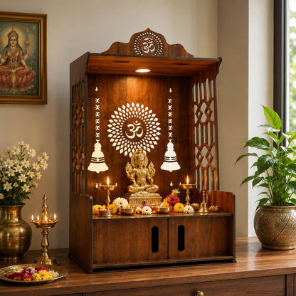 SIGNAMIO Mandir for Home with LED Light | Wooden MDF Puja Mandir | Wall Mounted Temple | Home Temple with Storage Drawer | Decorative Wooden Temple for Living Room & Prayer Room