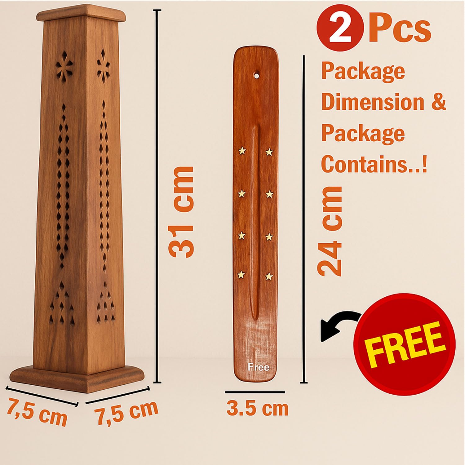 SIGNAMIO® 2pcs Square Wooden Agarbatti Stand with Ash Catcher: Premium Incense Stick and Dhoop Holder Set for Pooja Room Decoration - Essential Puja Items for Home Mandir & Agarbatti Storage Box