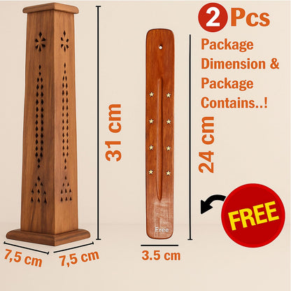 SIGNAMIO® 2pcs Square Wooden Agarbatti Stand with Ash Catcher: Premium Incense Stick and Dhoop Holder Set for Pooja Room Decoration - Essential Puja Items for Home Mandir & Agarbatti Storage Box
