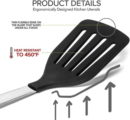 SIGNAMIO® Black Nylon Slotted Turner Spatula for Non Stick Pan - Steel Handle, Ideal for Dosa, Omelet, and Roti Cooking, 30.x 5.CM
