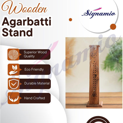SIGNAMIO® 2pcs Square Wooden Agarbatti Stand with Ash Catcher: Premium Incense Stick and Dhoop Holder Set for Pooja Room Decoration - Essential Puja Items for Home Mandir & Agarbatti Storage Box
