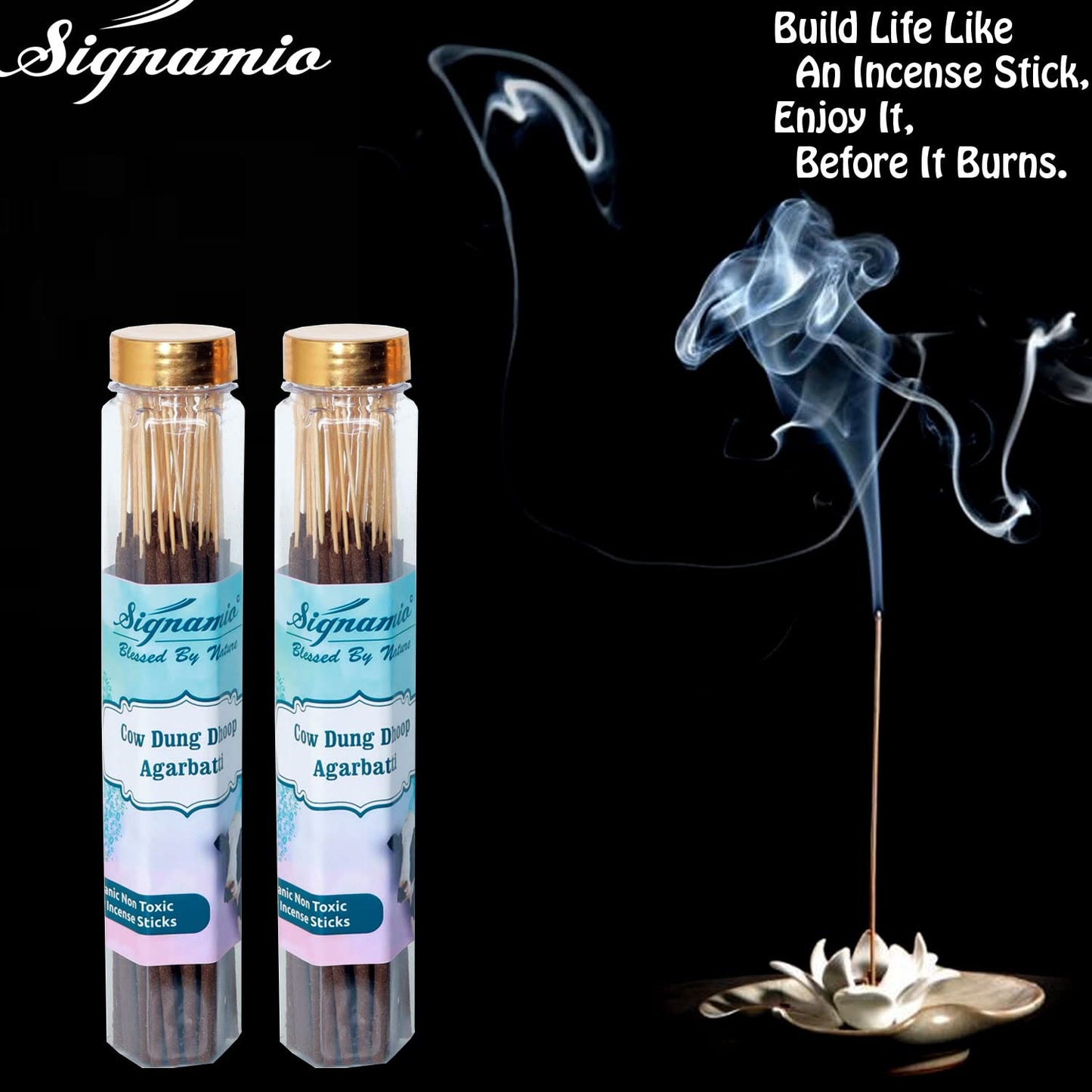 SIGNAMIO® Pure Organic Cow Dung Dhoop Agarbatti with Natural Herbs & No Charcoal,Incense Sticks,Agarbatti for Pooja,Desi Cow Dung Dhoop Batti,for Home,Office-(100g x 2 Bottle)
