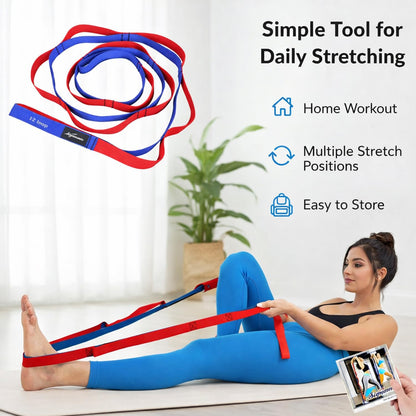 Signamio Yoga Belt for Women - Premium Stretching Belt for Exercise & Hamstring Stretch Strap - Essential Yoga Accessories for Flexibility & Strength Training-12 Loop - Blue-Red