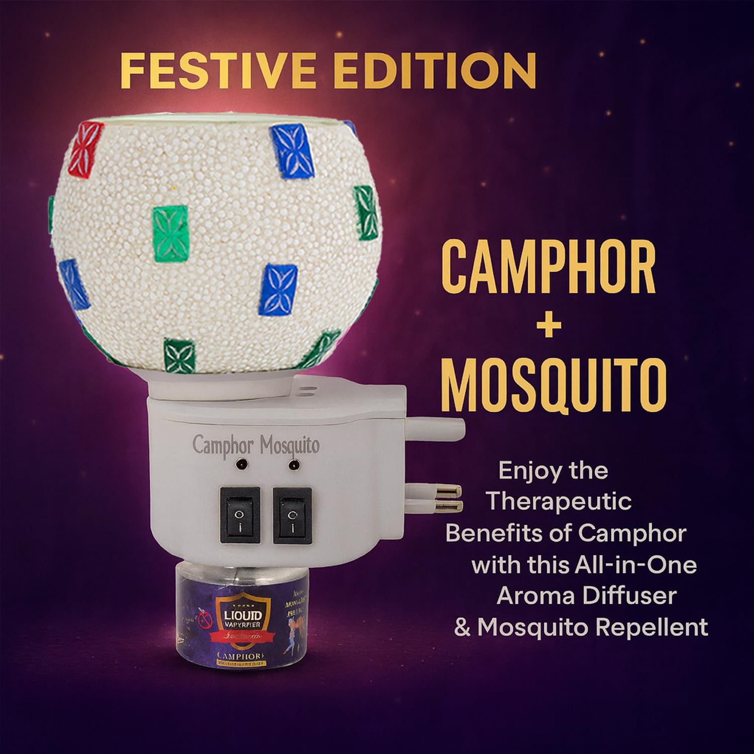 Signamio 3 in 1 Multi-Functional Camphor Diffuser Burner - Kapoor Dani Electrical Camphor with Night Lamp & Mosquito Repellent | Kapoor Dani for Home Fragrance and Ambient Lighting DN-28