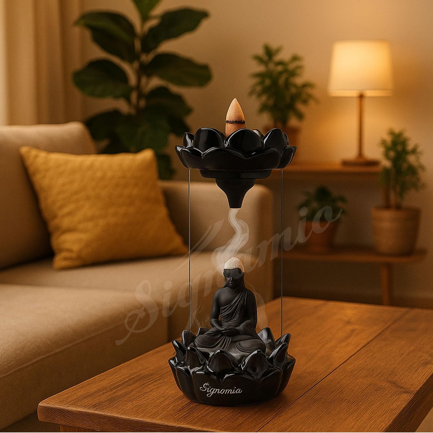 SIGNAMIO Ceramic Buddha Idols For Home Decor Backflow Smoke Fountain - Elegant Buddha Statue Design, Ideal Buddha Idol For Tranquil Ambiance In Your Home Or Office With 30 Cone, Black