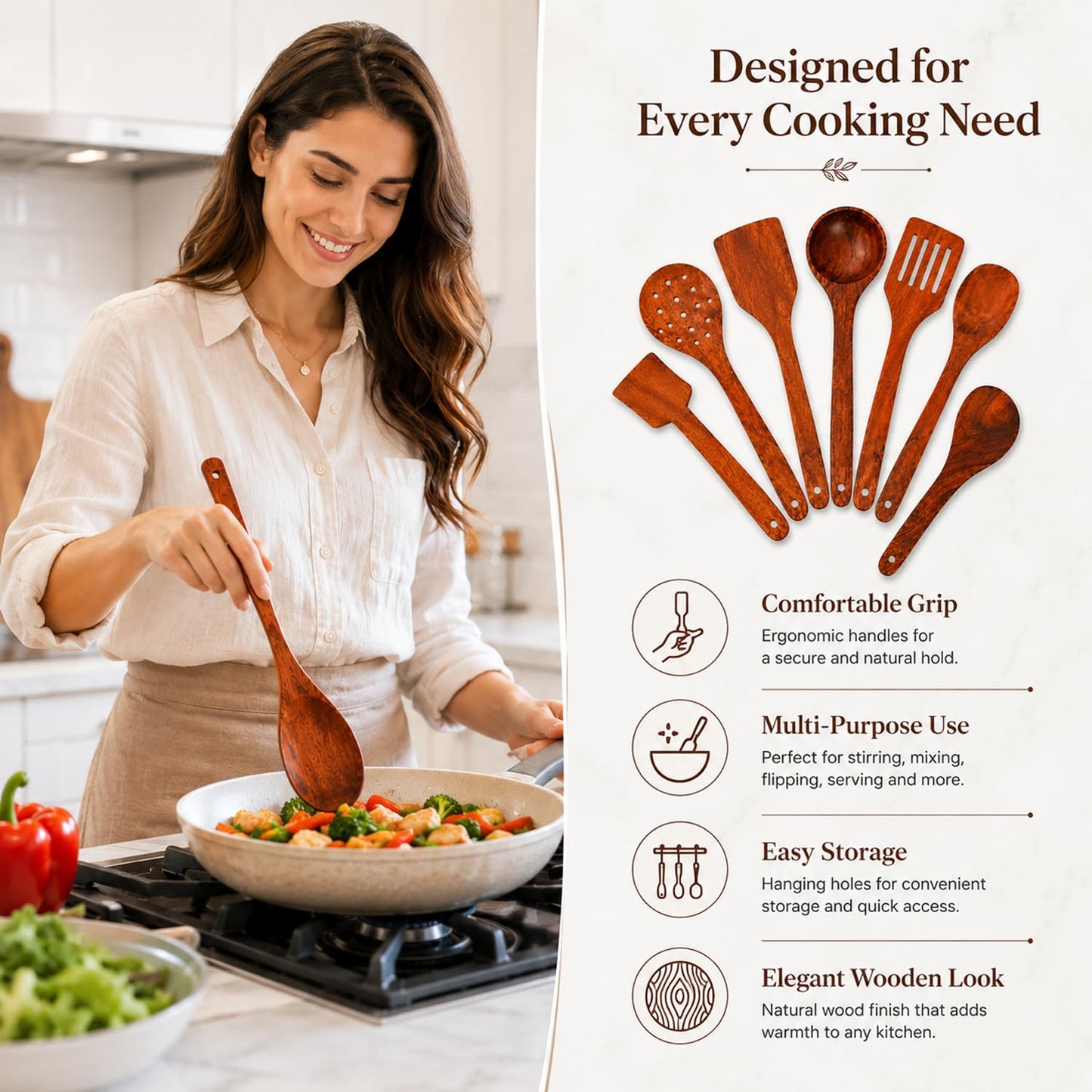 SIGNAMIO 7-Piece Wooden Spatula Set for Cooking, Natural Sheesham Wood Kitchen Utensils Set, Non-Stick Safe Cooking Tools, Turner, Ladle, Slotted Spatula & Serving Spoon Set for Kitchen