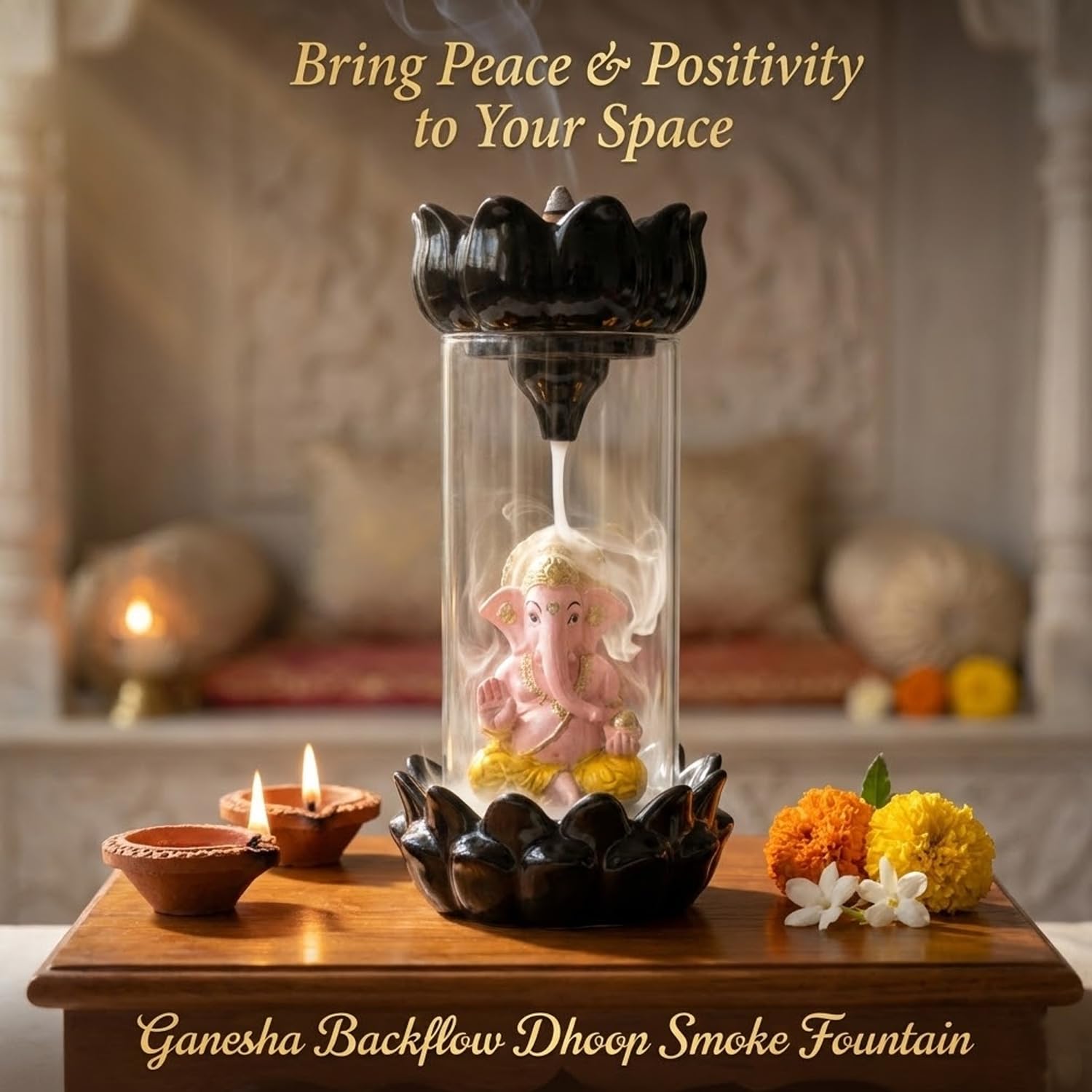 SIGNAMIO Ganesha Backflow Dhoop Smoke Fountain Aromatic Essence Of Ceramic Incense Burner Holder With 30 Cones For Meditation And Home Decor, Yellow