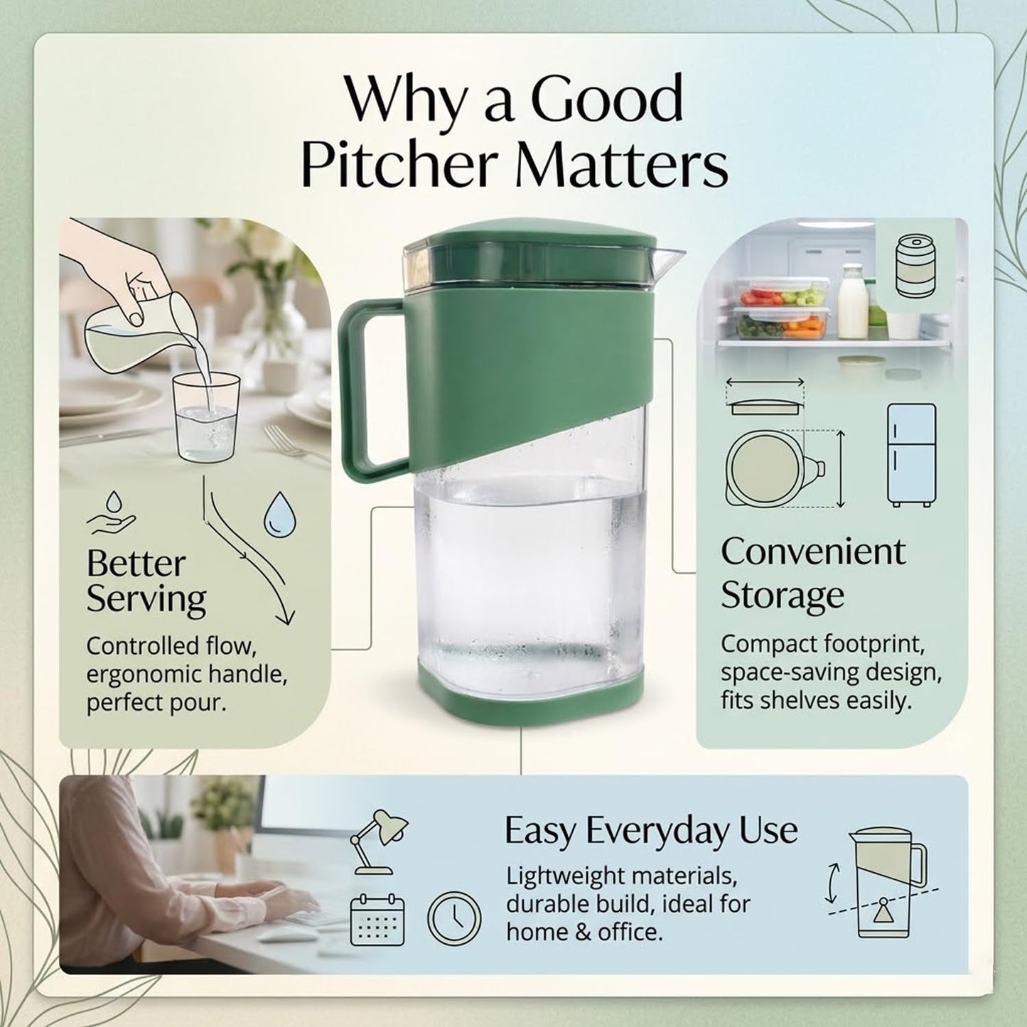 Signamio 1800 ML Water Jug with Lid & Handle | Plastic Juice Jug for Water, Juice & Beverages | Water Jug for Dining Table | Easy Pour Serving Pitcher for Home, Kitchen & Refrigerator - Pista
