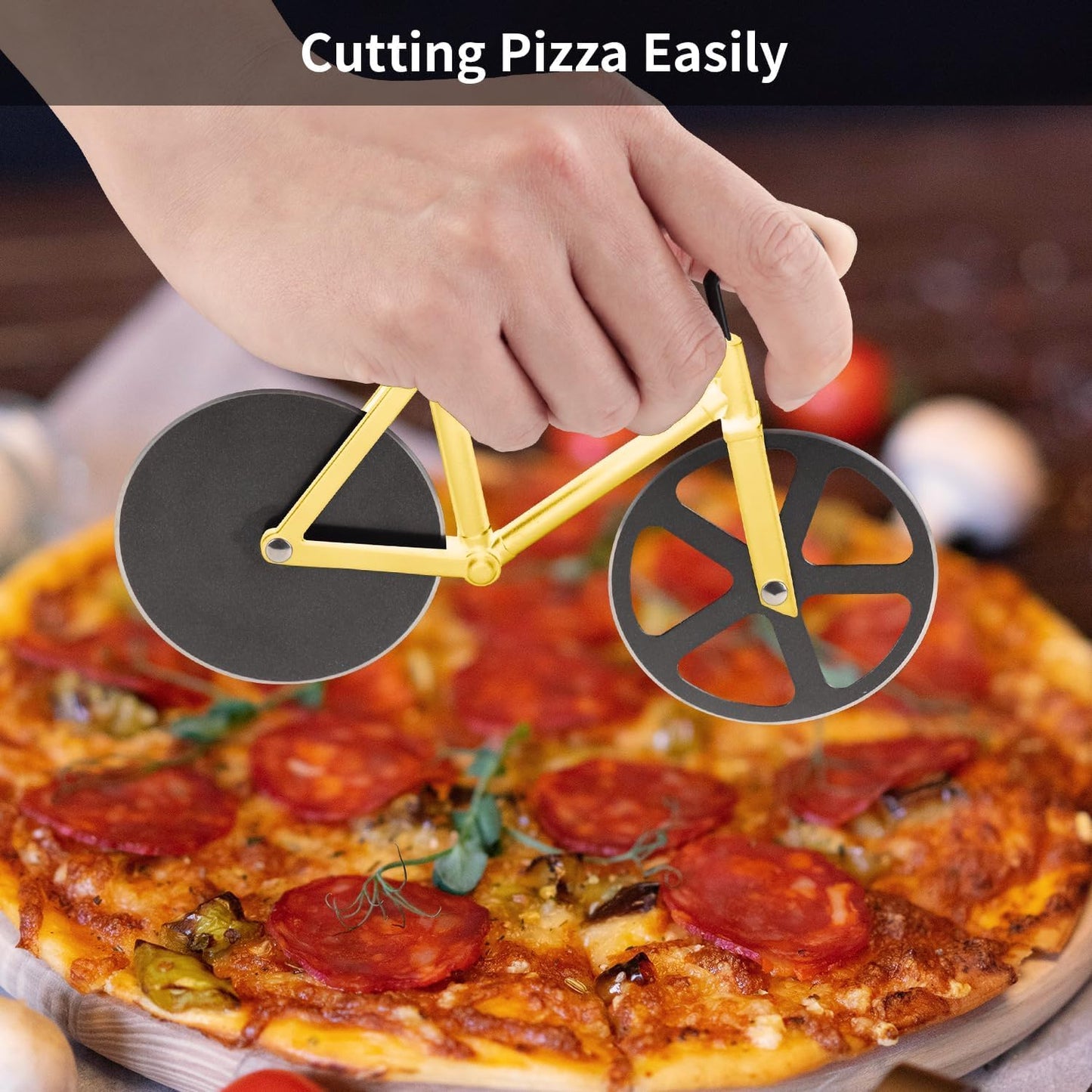 SIGNAMIO® Bicycle Pizza Cutter and Sandwich Slicer - Yellow, Ergonomic Non-Slip Handle, Stainless Steel Pizza Wheel for Kitchen, Ideal Roti, Paratha, Chapati, Brownie & Slice Cutter