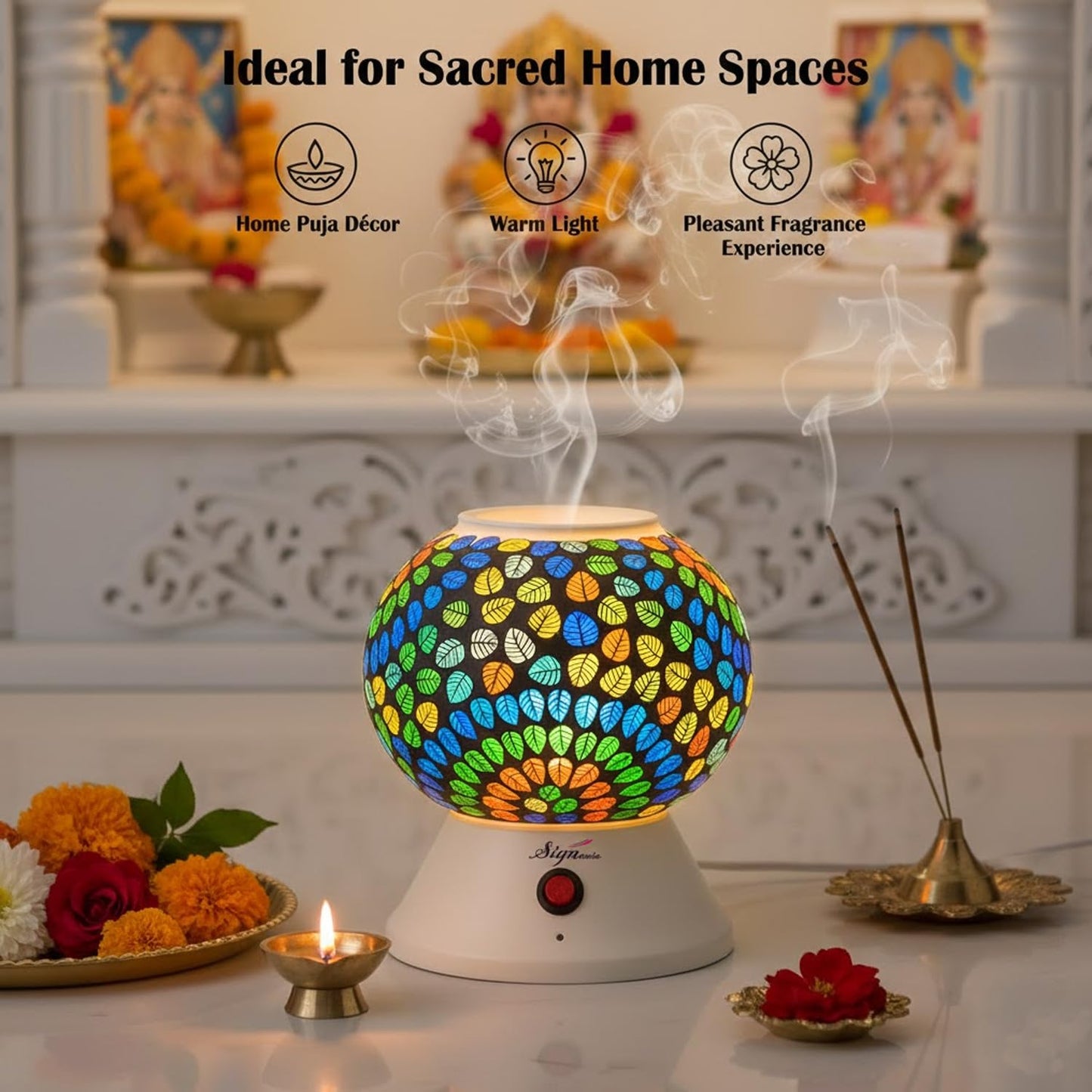 Signamio Hand Made Table Top Camphor Diffuser Burner - Kapoor Dani Electrical Aroma Oil Diffuser Night Lamp - Kapoor Machine for Home & Office DN-2 (Aroma Oils not Included)