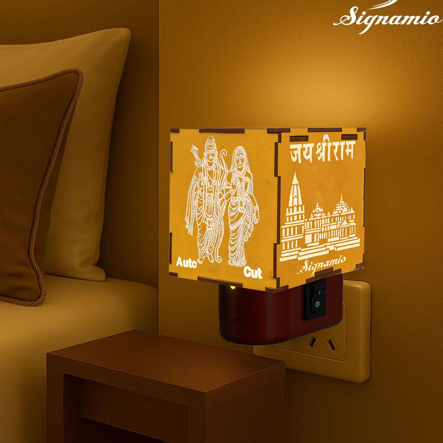 Signamio Auto Cut Wooden Ram Mandir Camphor Kapur Burner with Night Lamp - Kapoor Dani for Home Fragrance, Aroma Oil Diffuser, Bakhoor Burner, Kapoor Diffuser for Home