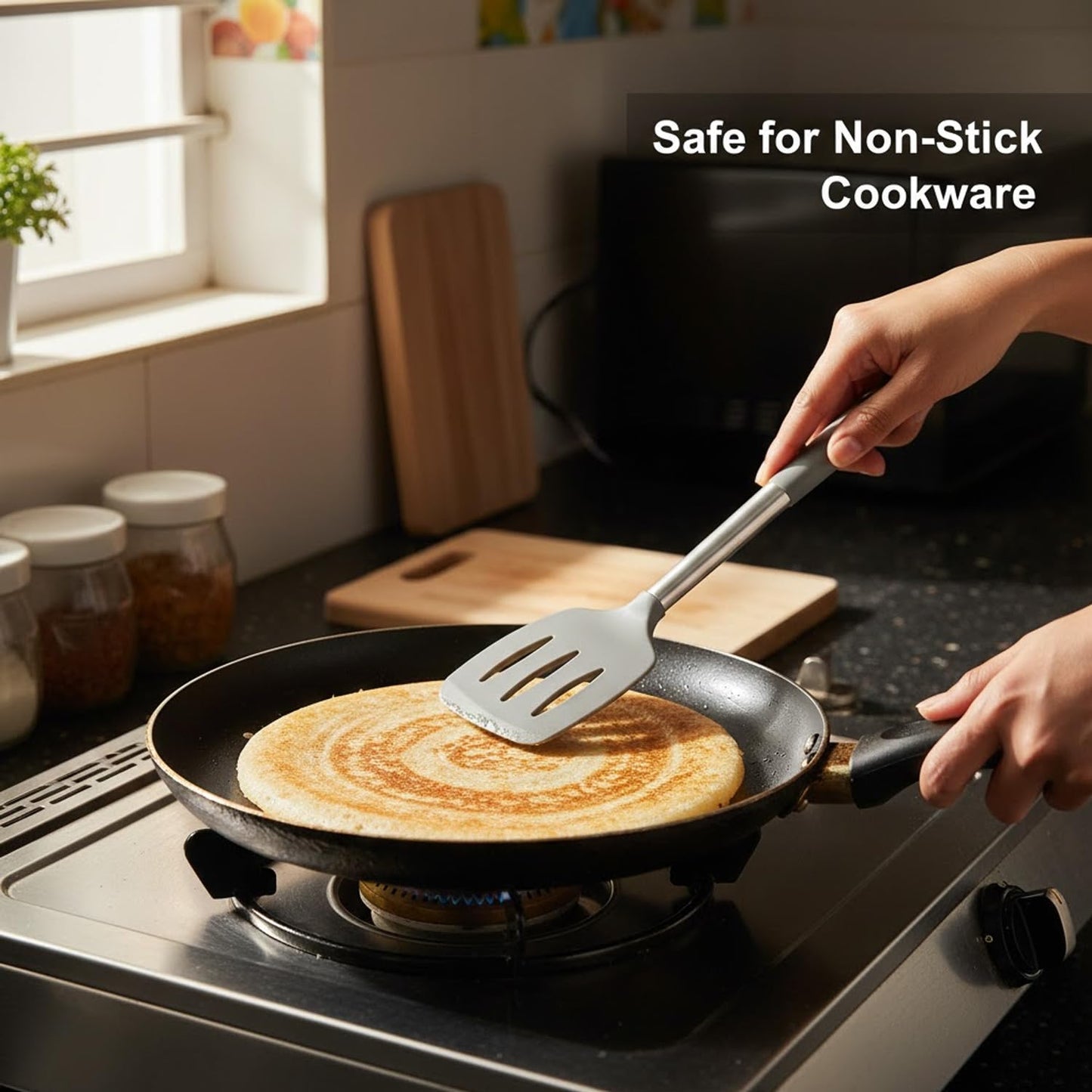 Signamio Silicone Spatula and Turner Set of 2 with Steel Handle - Non-Stick Pan Compatible for Cooking, Baking, and More - Durable for Kitchen Use-Grey