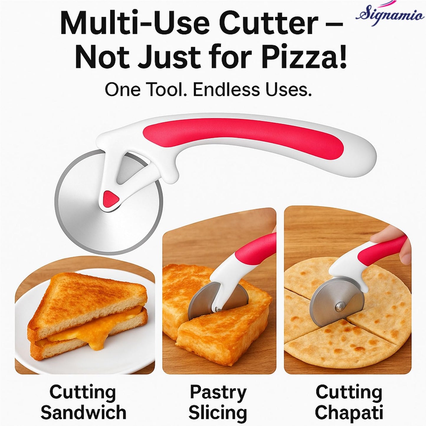 SIGNAMIO® Premium Pizza Cutter and Sandwich Slicer - Pink, Ergonomic Non-Slip Handle, Stainless Steel Pizza Wheel for Kitchen, Ideal Roti, Paratha, Chapati, Brownie & Slice Cutter