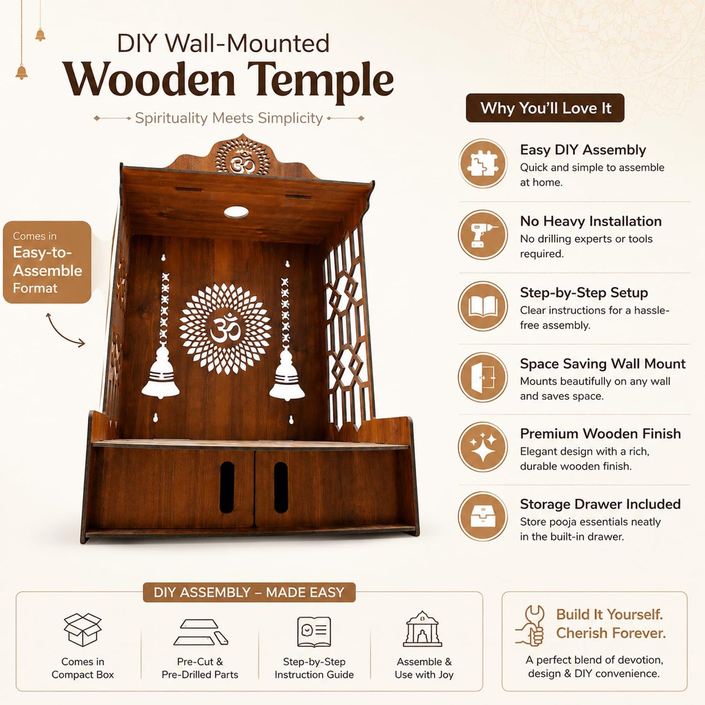 SIGNAMIO Mandir for Home with LED Light | Wooden MDF Puja Mandir | Wall Mounted Temple | Home Temple with Storage Drawer | Decorative Wooden Temple for Living Room & Prayer Room