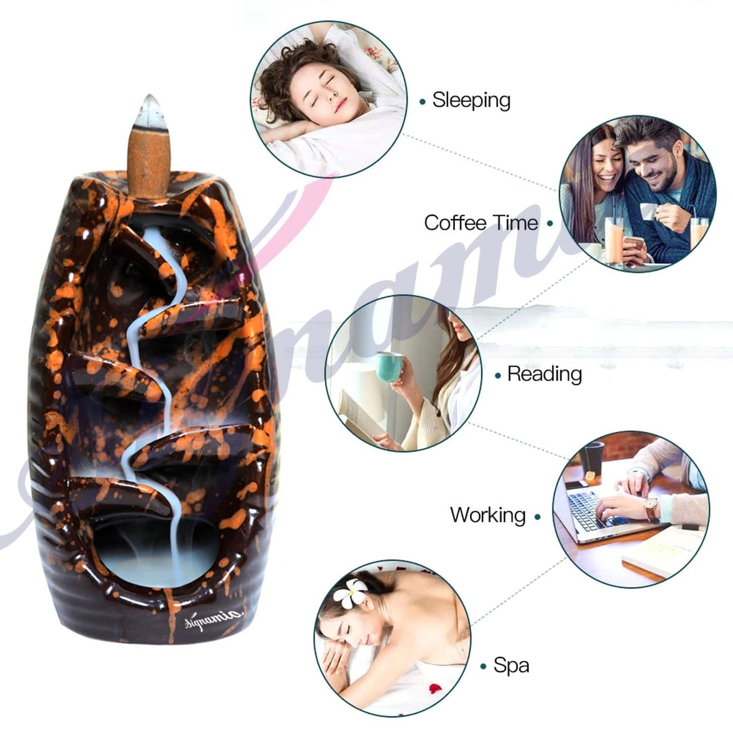 Signamio Ceramic Backflow Incense Fountain - 30 Cones Included for Pooja Meditation, Elegant Backflow Incense Holder, Aesthetic Incense Burner for Decor-DN-Water Flow
