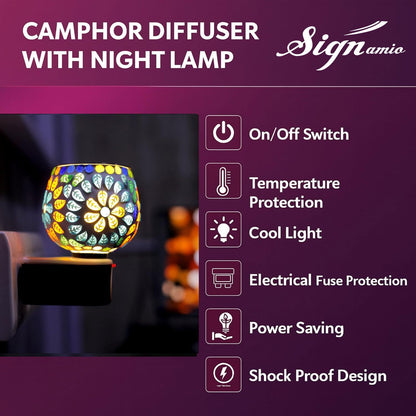 SIGNAMIO Multi Color 2 in 1 Kapoor Dani Electric Camphor Diffuser Burner & Aroma Diffuser Home Fragrance with Night Lamp, Perfect for Pooja Rooms & Daily Room Freshener Needs - DN-10