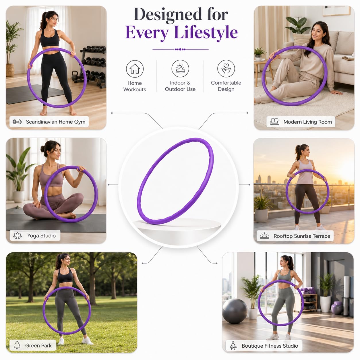 SIGNAMIO® Collapsible Hula Hoop for Weight Loss and Fitness - Inter-Lockable Pieces, Exercise Ring for Kids and Adults, Unisex Hula Hoop for Women and Men, Perfect for Gymnastics and Fun - Purple