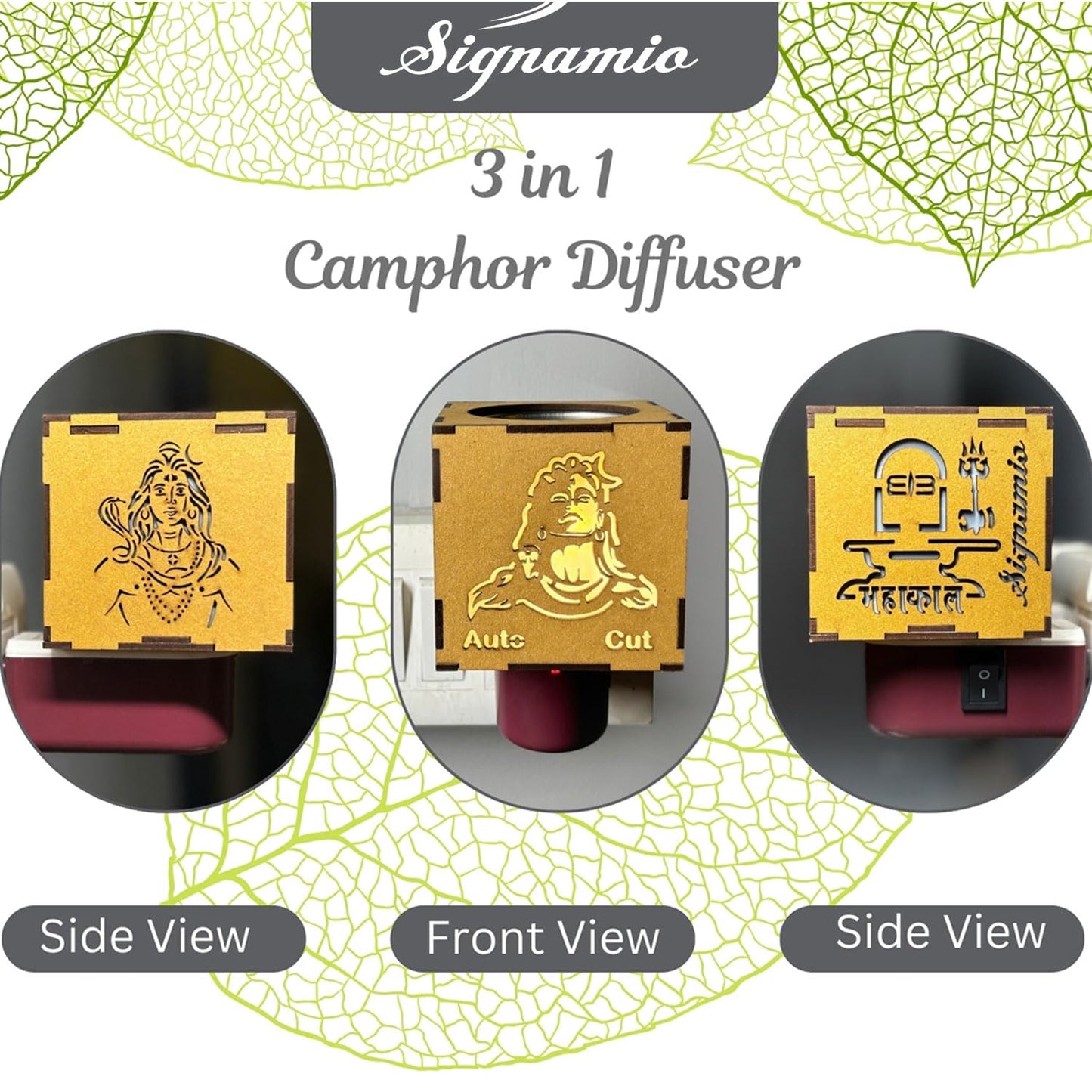 SIGNAMIO® Auto Cut Wooden Adiyogi Shiva Camphor Kapoor Bakhoor Oud Aroma Oil Diffuser Incense Dhoop Burner Electrical Stand Machine for Home Fragrance with Night Lamp