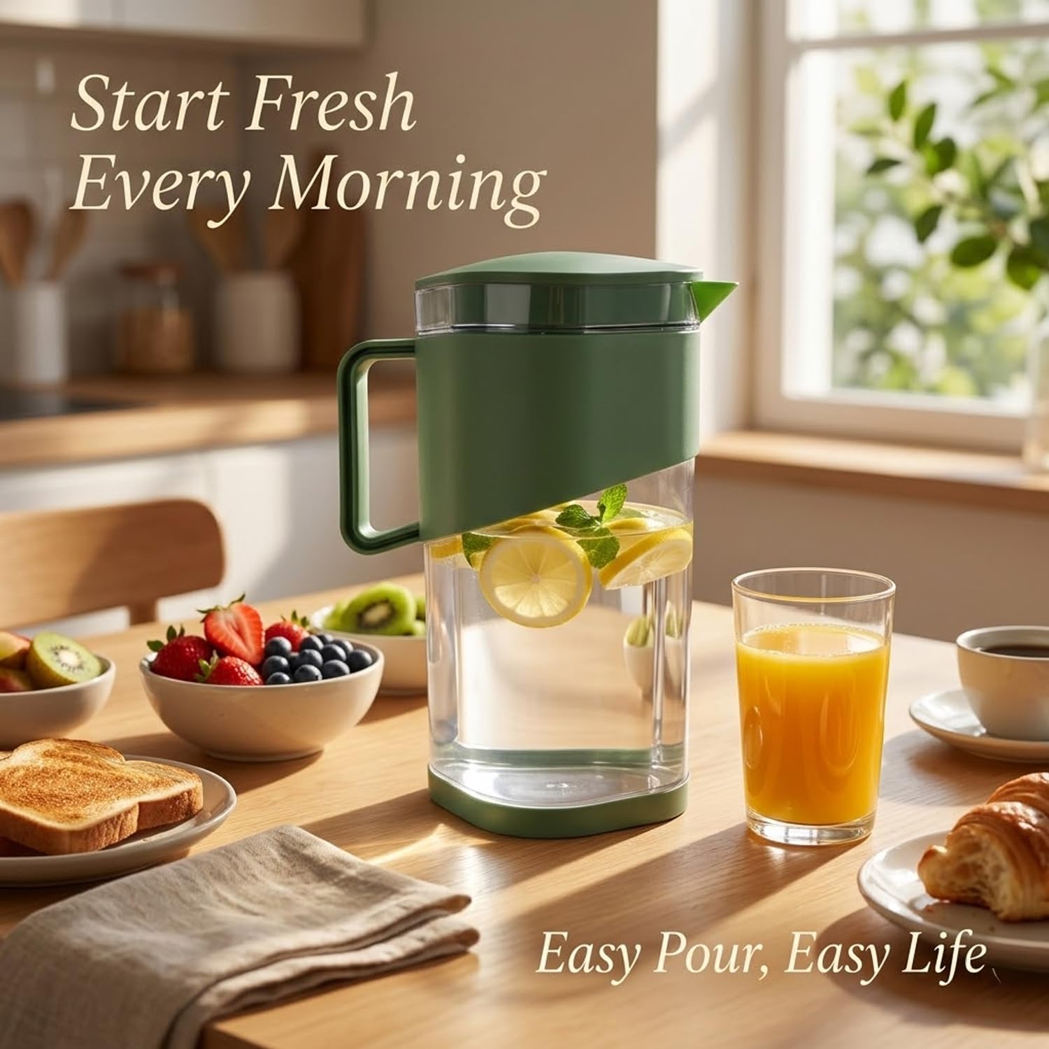 Signamio 1800 ML Water Jug with Lid & Handle | Plastic Juice Jug for Water, Juice & Beverages | Water Jug for Dining Table | Easy Pour Serving Pitcher for Home, Kitchen & Refrigerator - Pista