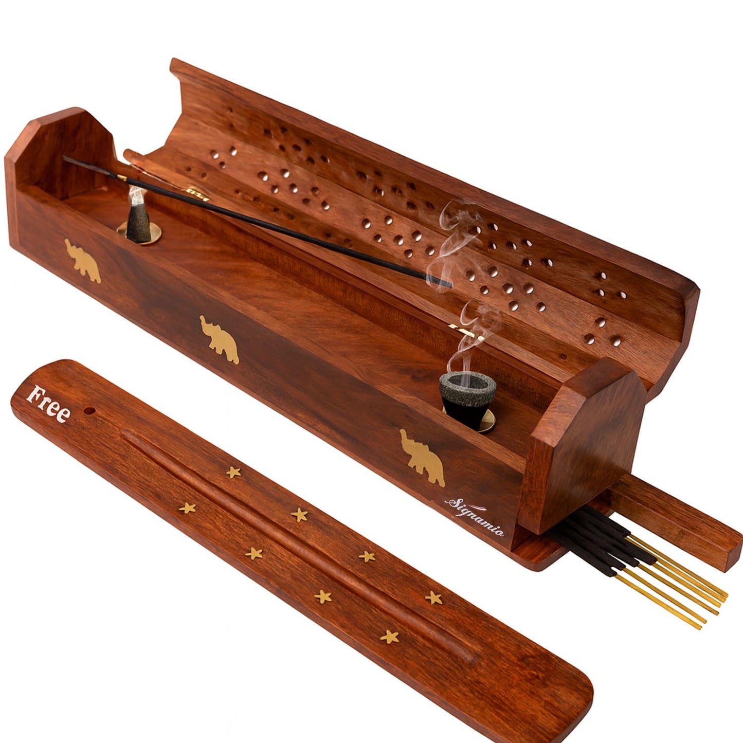 SIGNAMIO® Wooden Sambrani Dhoop Stand Incense Holder: Perfect Pooja Room Stand Decoration Item, Dhup Dani & Doopam Holder, Essential Puja Item for Home Mandir and Pooja Thali Set Rituals-DN-1