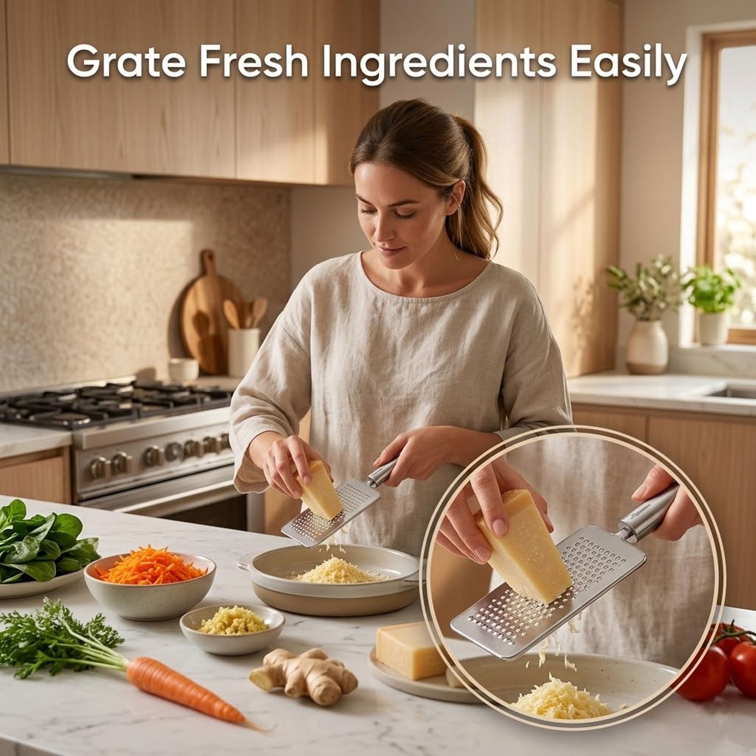SIGNAMIO® Stainless Steel Kadukas Cheese Grater and Vegetable Shredder for Kitchen, Efficient Ginger Garlic Crusher with Protective Cover, Ideal Carrot and Ginger Slicer - Flat Design