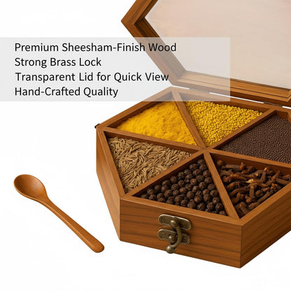 SIGNAMIO® Hexa Wooden Spice Box with Detachable Containers and Spoon, Transparent Glass Masala dani for Kitchen Storage, Anjarai Petti Style Organizer, Perfect Wooden Masala Box for Kitchen Use