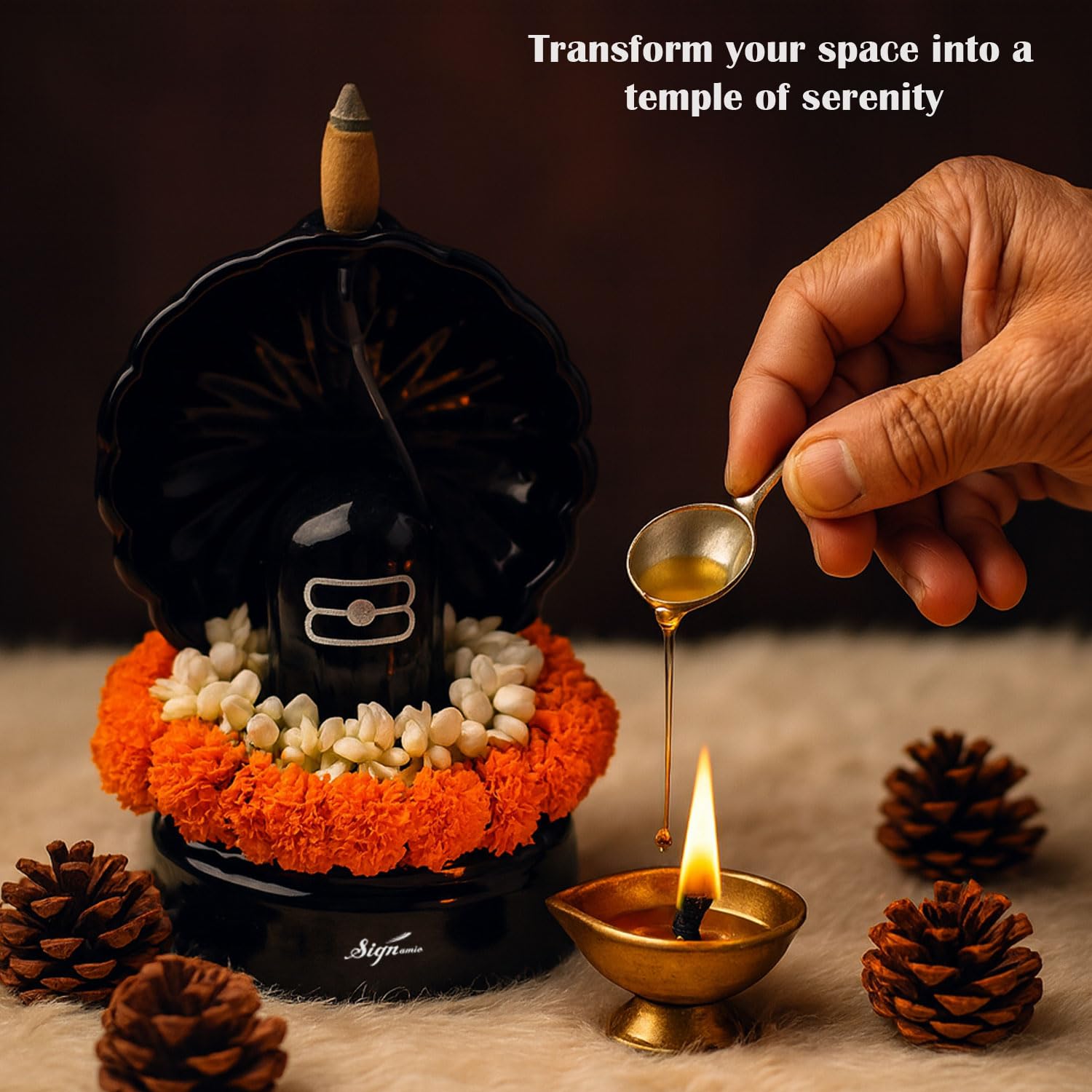 Signamio Aromatic Essence of Ceramic Shivling Shiva Backflow dhoop Smoke Fountain Incense Burner Holder with 30 Cones - Incense Holder for Meditation and Home Decor