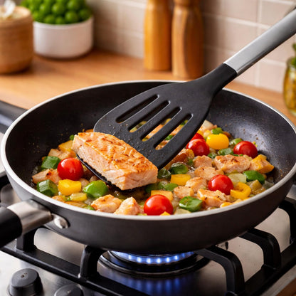 SIGNAMIO® Black Nylon Slotted Turner Spatula for Non Stick Pan - Steel Handle, Ideal for Dosa, Omelet, and Roti Cooking, 30.x 5.CM
