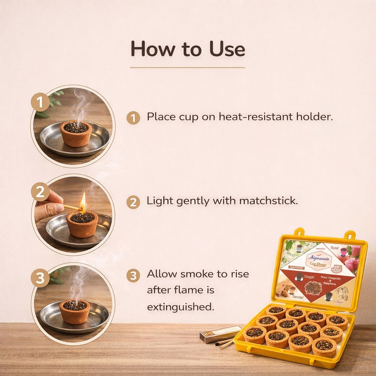 Signamio Mini Sambrani Dhoop Cup Pack 5-60 Cup Dhoop with Loban, Guggal, Rose, Sandal, Mogra - Aromatic Dhoop Cup for Meditation and Relaxation - Traditional Fragrance