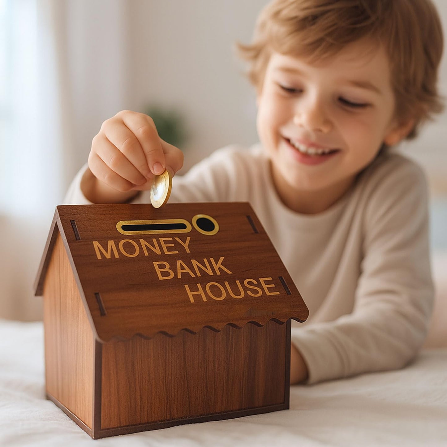 Signamio Wooden Money Saving Box for Adults - House Shaped Piggy Bank 100000, Elegant Money Box for Secure Savings and Home Decor, Durable Wooden Material