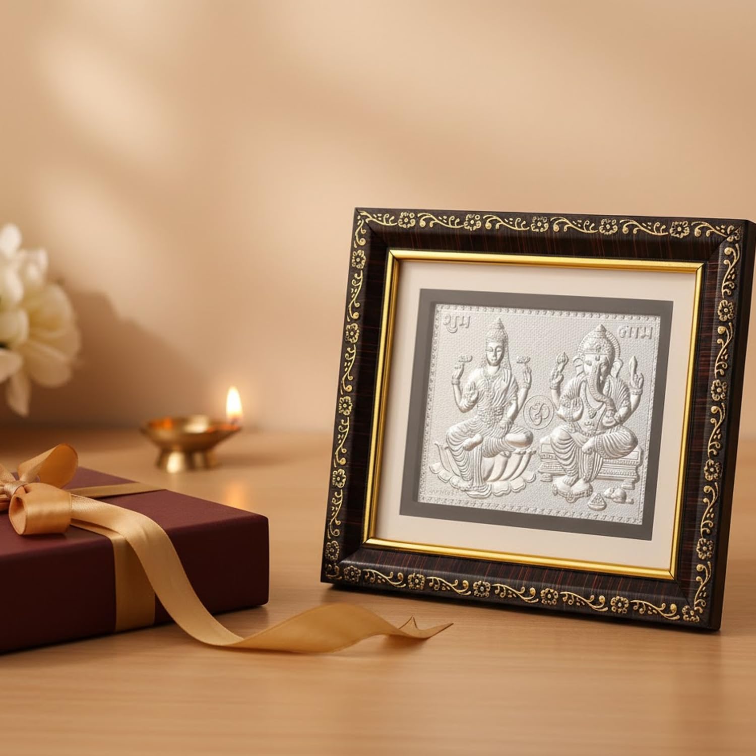 SIGNAMIO 999 Pure Silver Laxmi Ganesh Photo Frame - Elegant Gift for Pooja Room, Premium Silver Photo Frame Spiritual Decor & Blessings