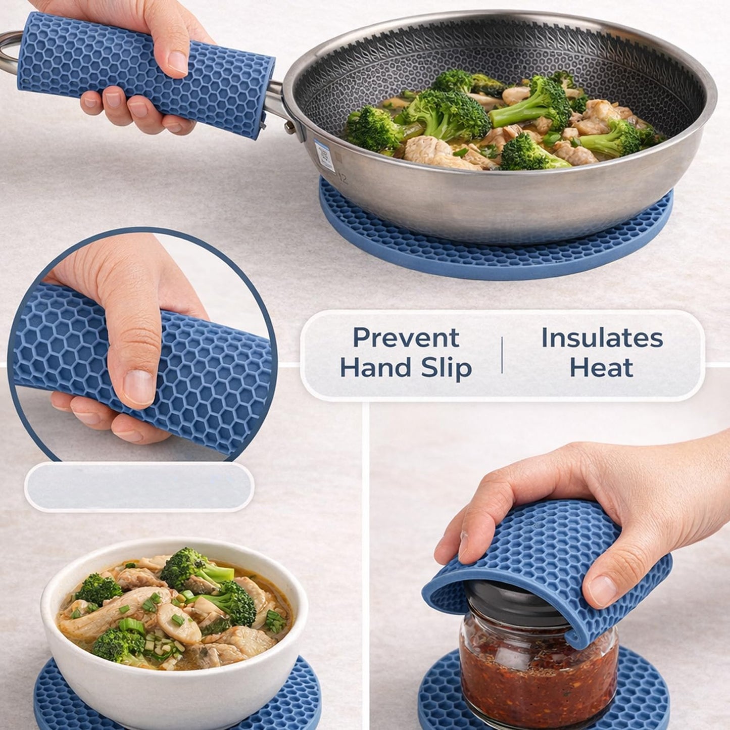 Signamio Silicone Mat for Kitchen - Pack of 4, Heat Resistant Coasters for Dining Table for Hot Pots, Heat Mats - Includes Round, Triangle, Square, Hexagon Shapes for Versatile Use