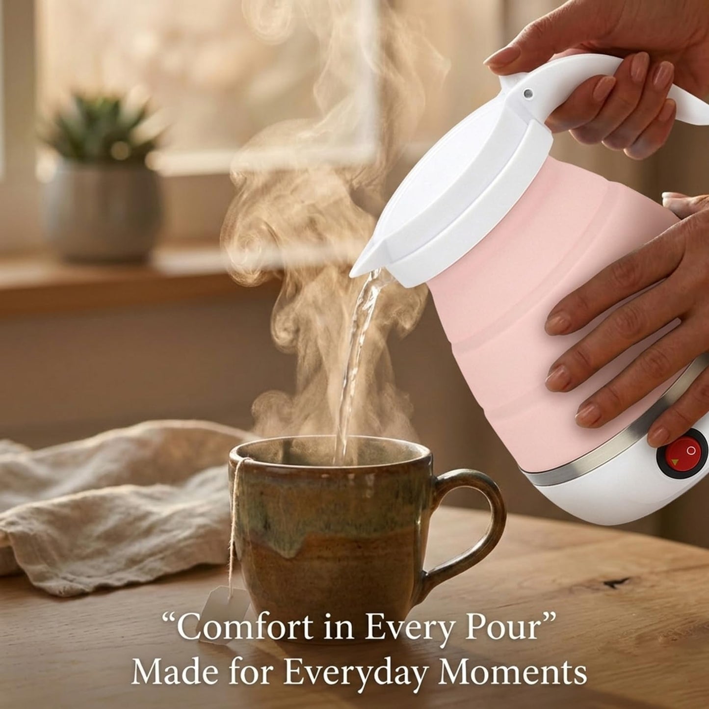 Signamio Electric Kettle - Portable for Travel, Foldable Silicone Travel Kettle, Compact and Lightweight, Ideal for Camping,Office, and Hotel Use, Quick Boil - 220V-600ML - Peach