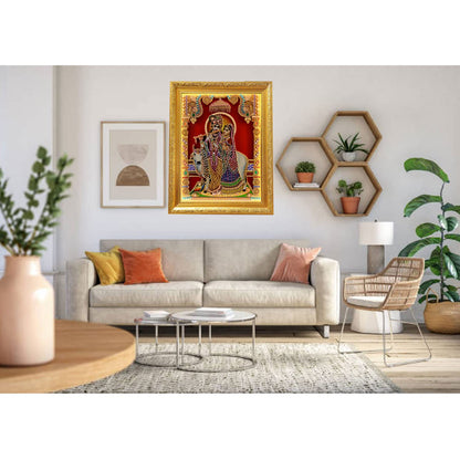SIGNAMIO® Designer Handmade Stone Moti Work with Gold led Light Sculpture of 3D Lord Radha Krishna wall Hanging Photo Frame with for Puja Room,Home,Office,wall decoration-1pcs (23x18 Inch)