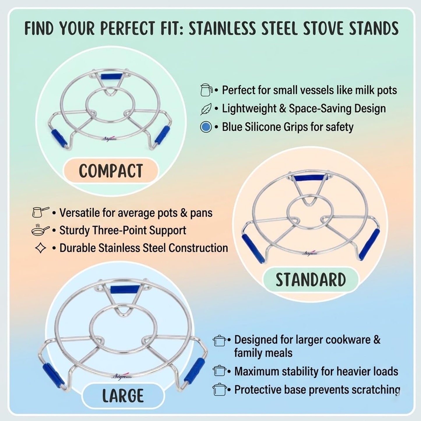 Signamio Steel Hot Pot Stand Set of 3 | Stainless Steel Trivet for Hot Dishes | Hot Utensil Stand for Kitchen & Dining Table | Cooker Stand for Hot Vessels | Heat Resistant Pot Holder