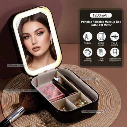 SIGNAMIO Compact Makeup Vanity with LED Mirror, Portable LED Mirror for Makeup, Stylish Vanity Table with Adjustable Lighting for Professional Results (Black)