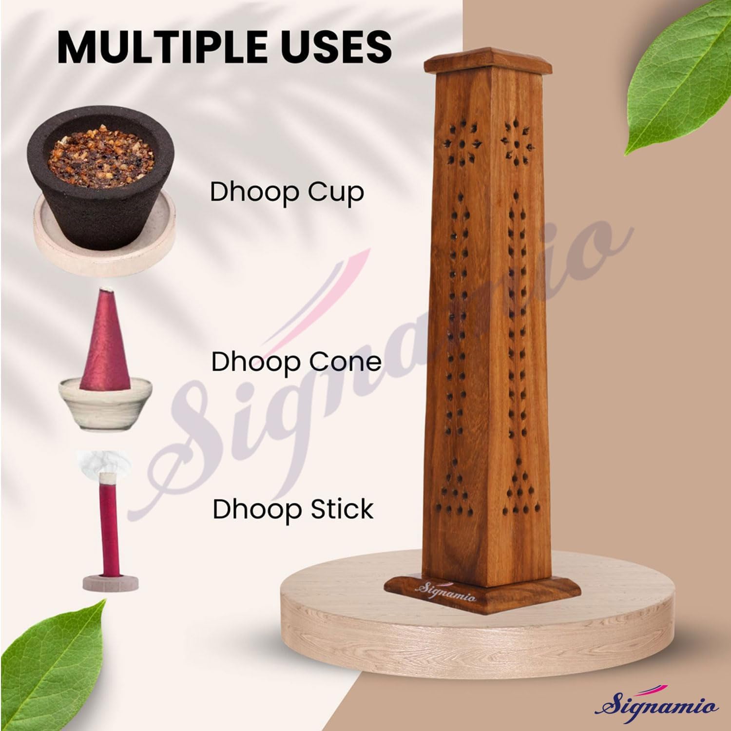 SIGNAMIO® 2pcs Square Wooden Agarbatti Stand with Ash Catcher: Premium Incense Stick and Dhoop Holder Set for Pooja Room Decoration - Essential Puja Items for Home Mandir & Agarbatti Storage Box